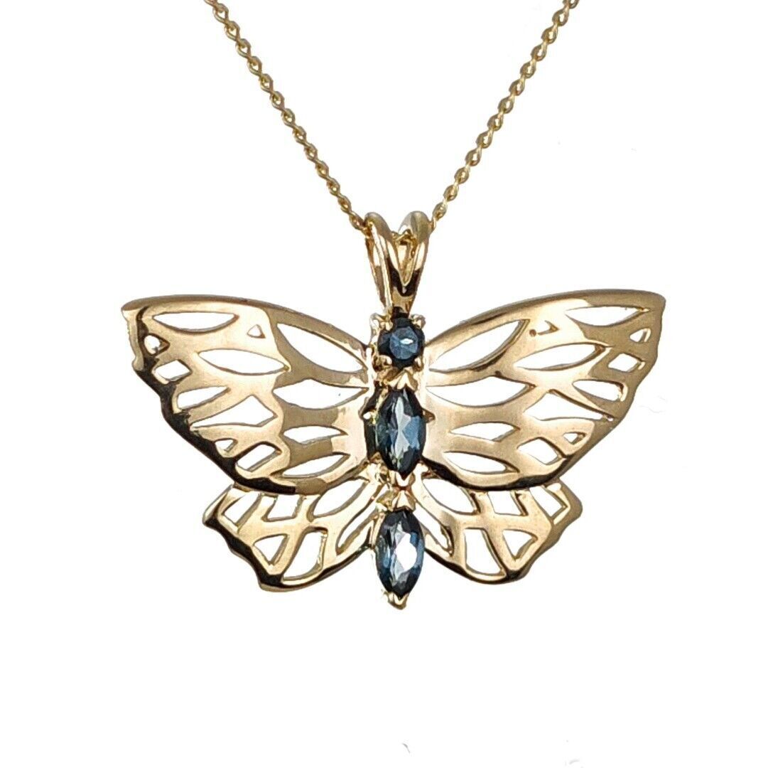 9ct Butterfly Necklace Yellow Gold London Blue Topaz Treated Hallmarked UK Design Handmade