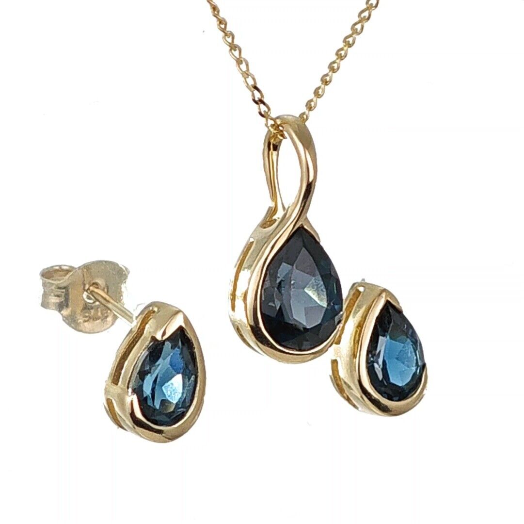 9ct gold set necklace earrings london blue treated topaz handmade designed in the UK