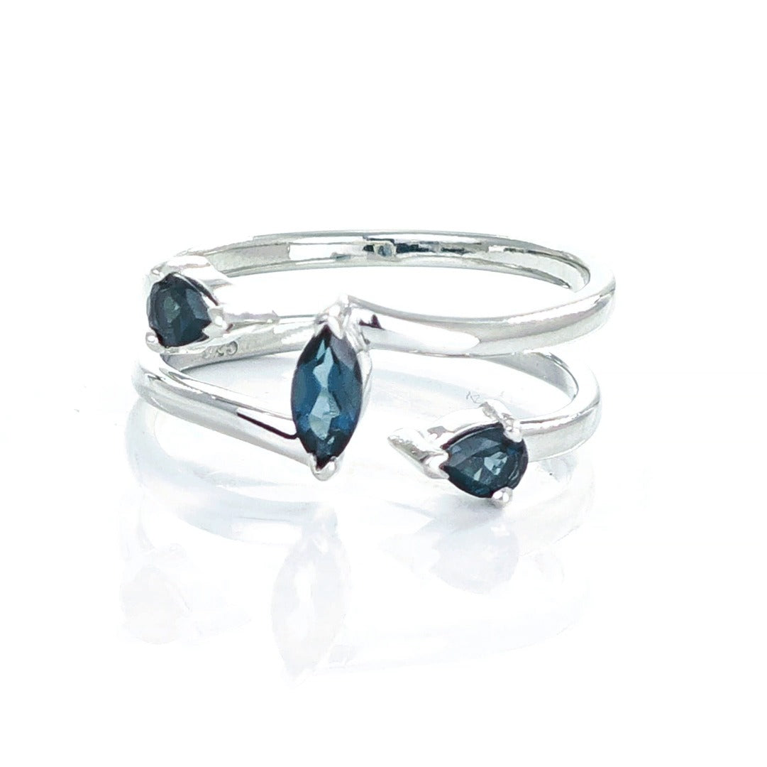 London Blue Topaz Ring Adjustable M -S Sterling Silver Marquise Trilogy