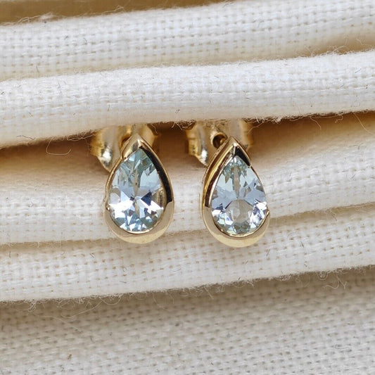 9ct Yellow Gold Aquamarine Earrings Natural Blue Gemstone Studs