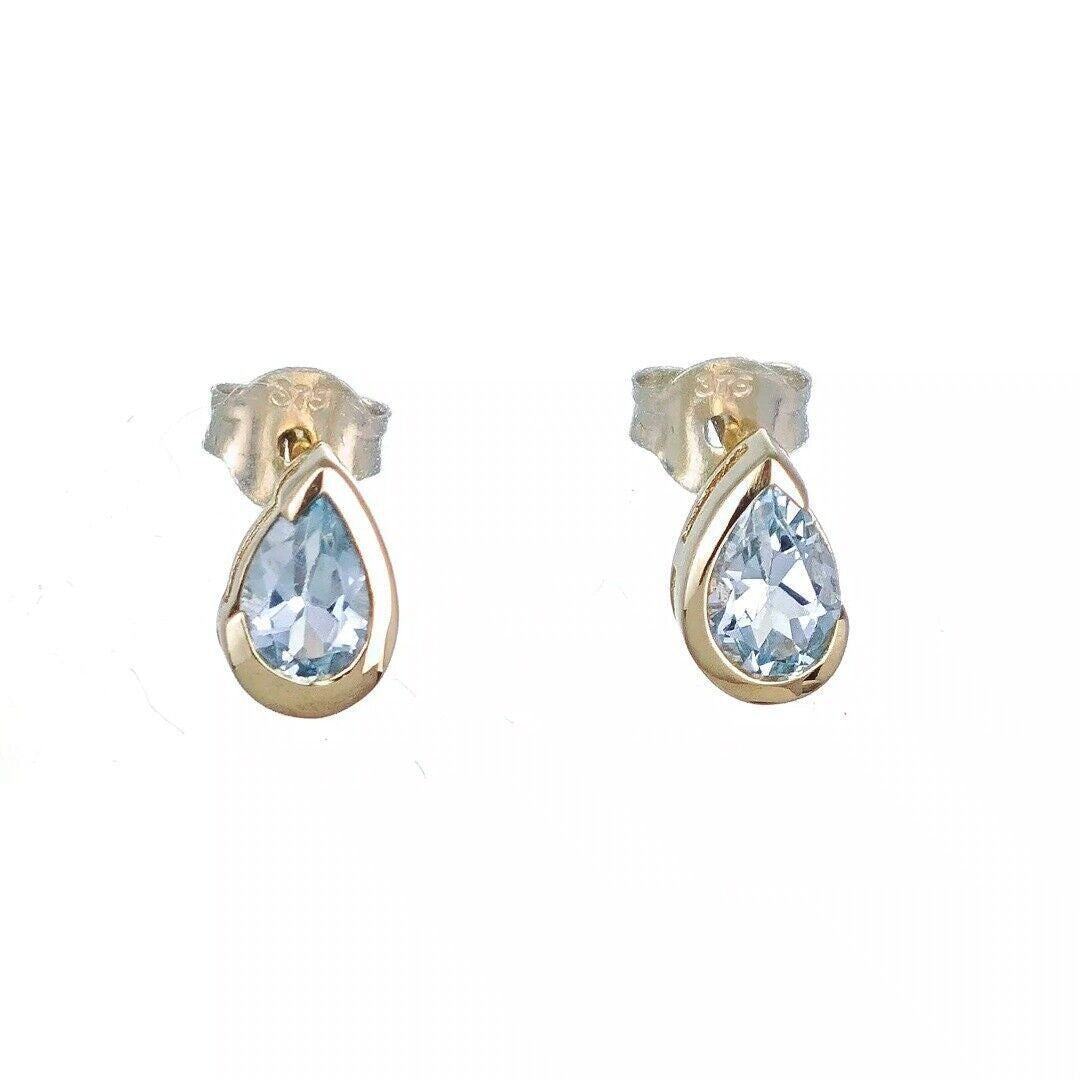 9ct Yellow Gold Blue Topaz Earrings Natural Treated Gemstone Studs Handmade