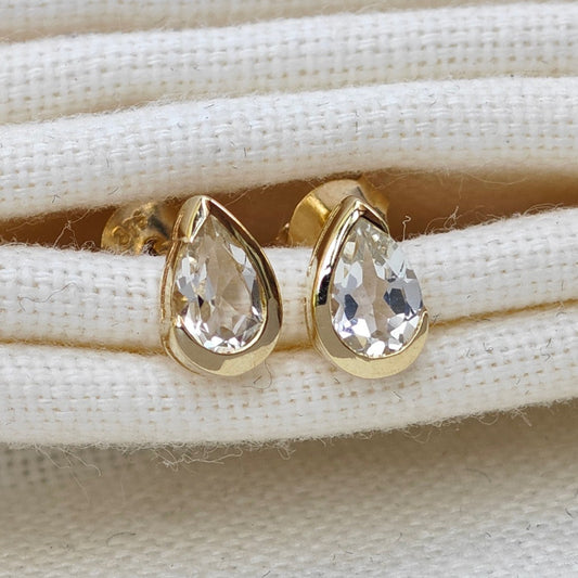White Topaz Earrings 9ct Yellow Gold Studs Infinity Loop