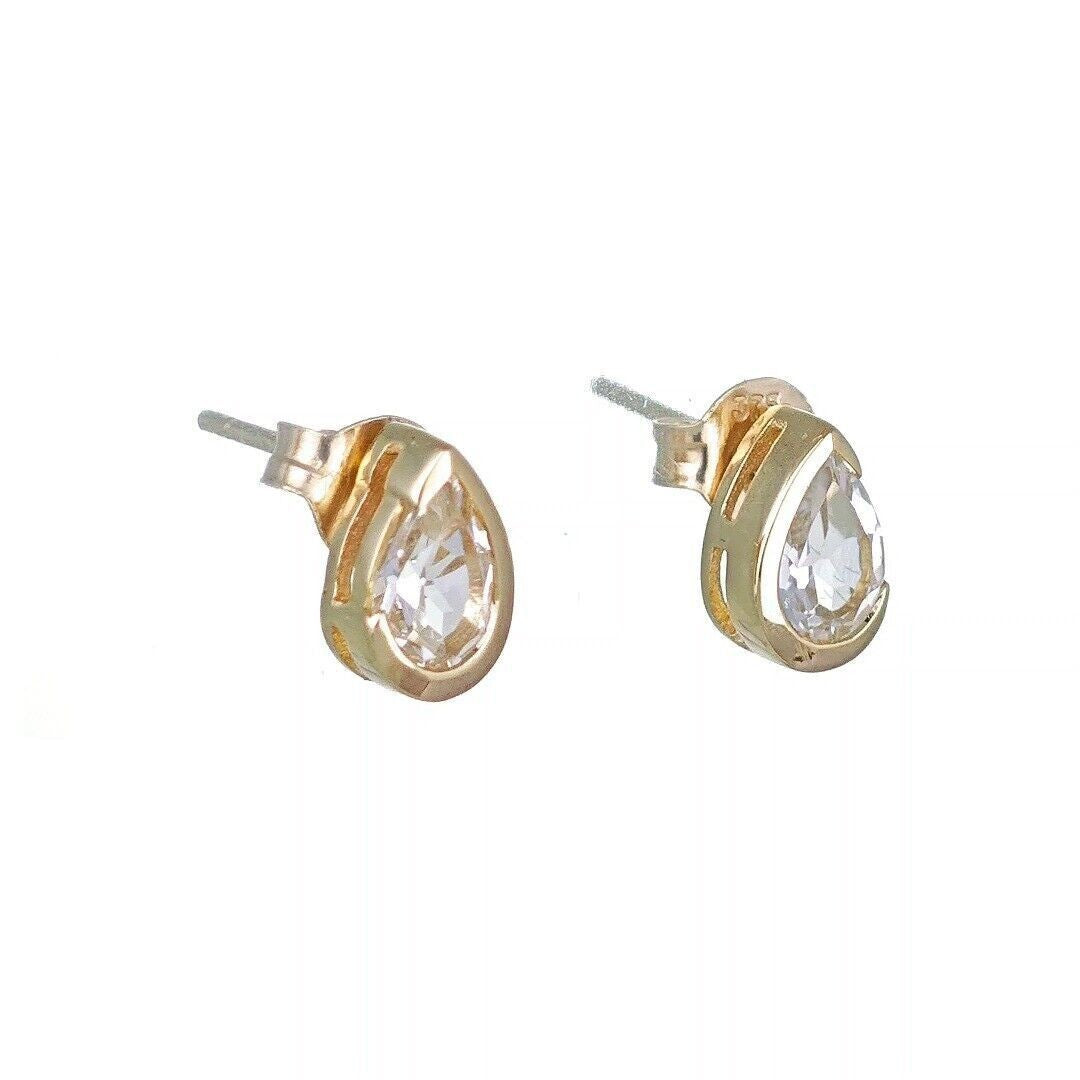 White Topaz Earrings 9ct Yellow Gold Studs Infinity Loop