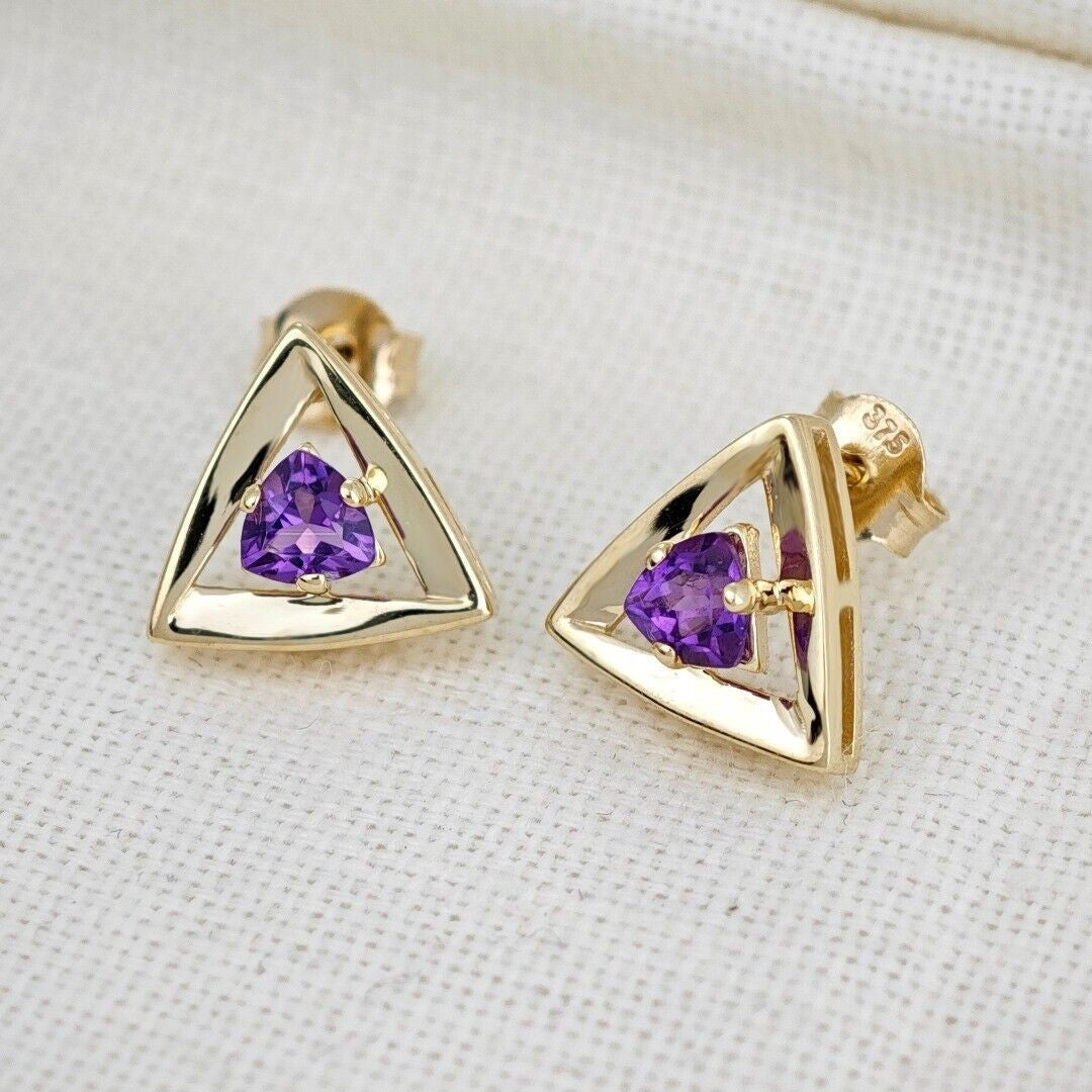 9ct Yellow Gold Triangle Amethyst Earrings