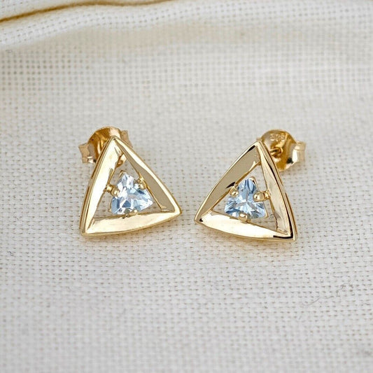 9ct Gold Aquamarine Earrings Natural Gemstone Blue Trillion Studs