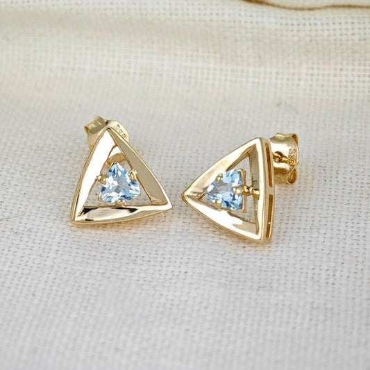 Blue Topaz Earrings 9ct Yellow Gold Studs Studs Trillion