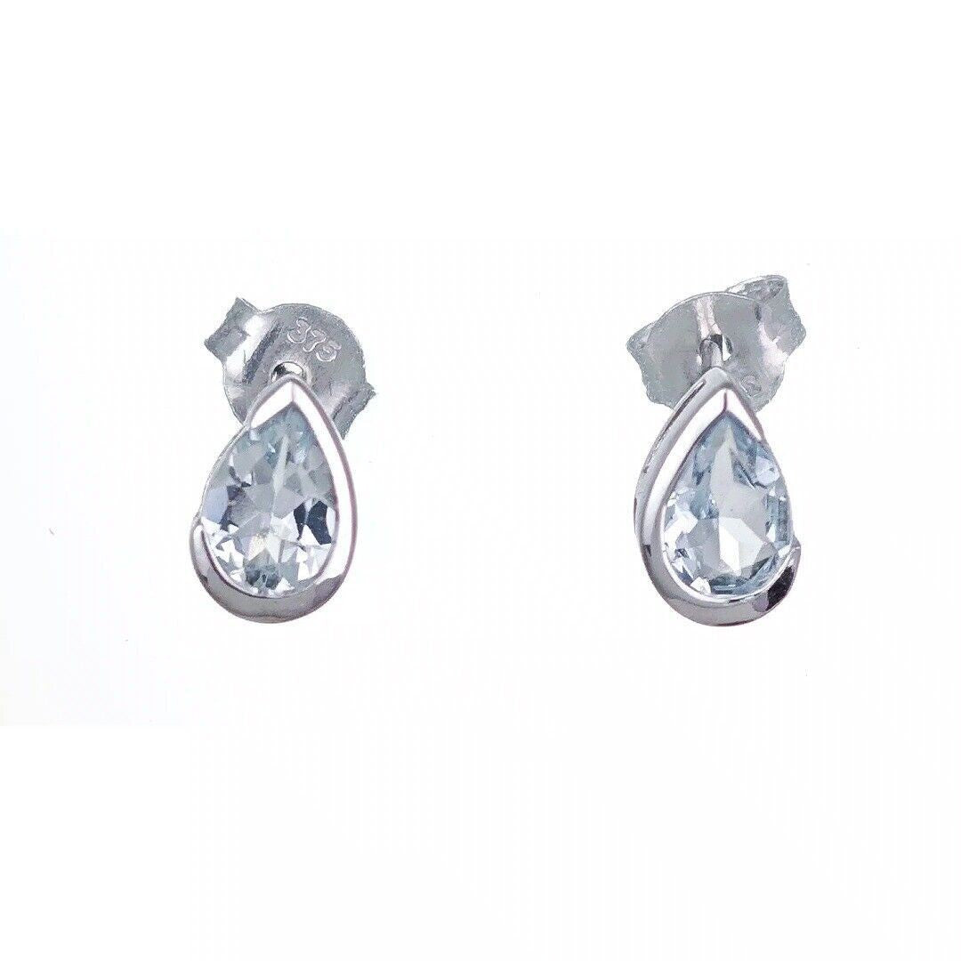 9ct White Gold Aquamarine Earrings Natural Blue Gemstone Studs