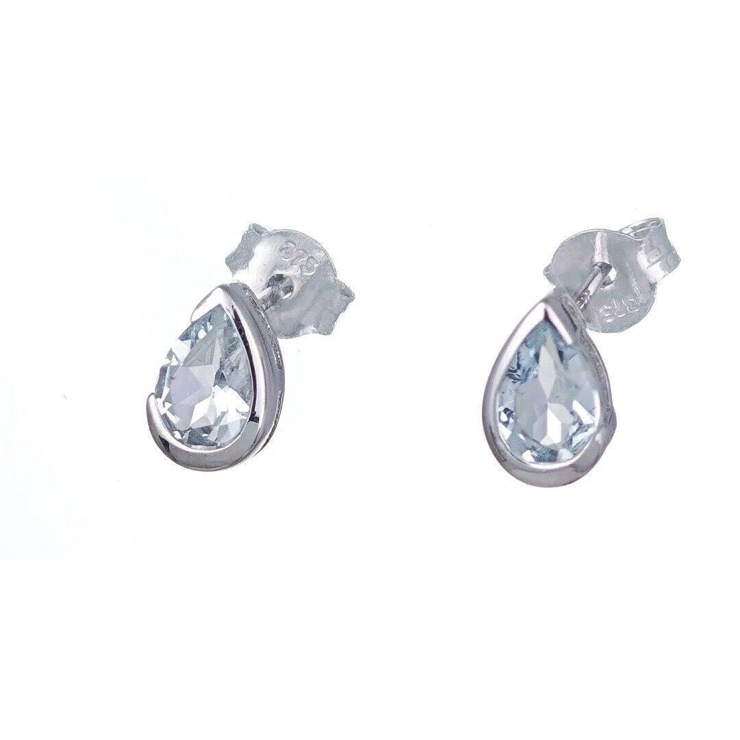 9ct White Gold Aquamarine Earrings Natural Blue Gemstone Studs