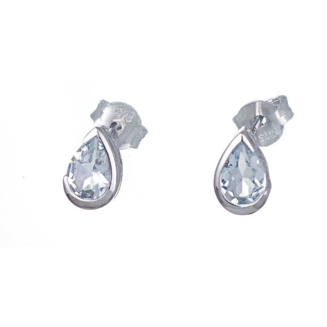 9ct White Gold Aquamarine Earrings Natural Blue Gemstone Studs