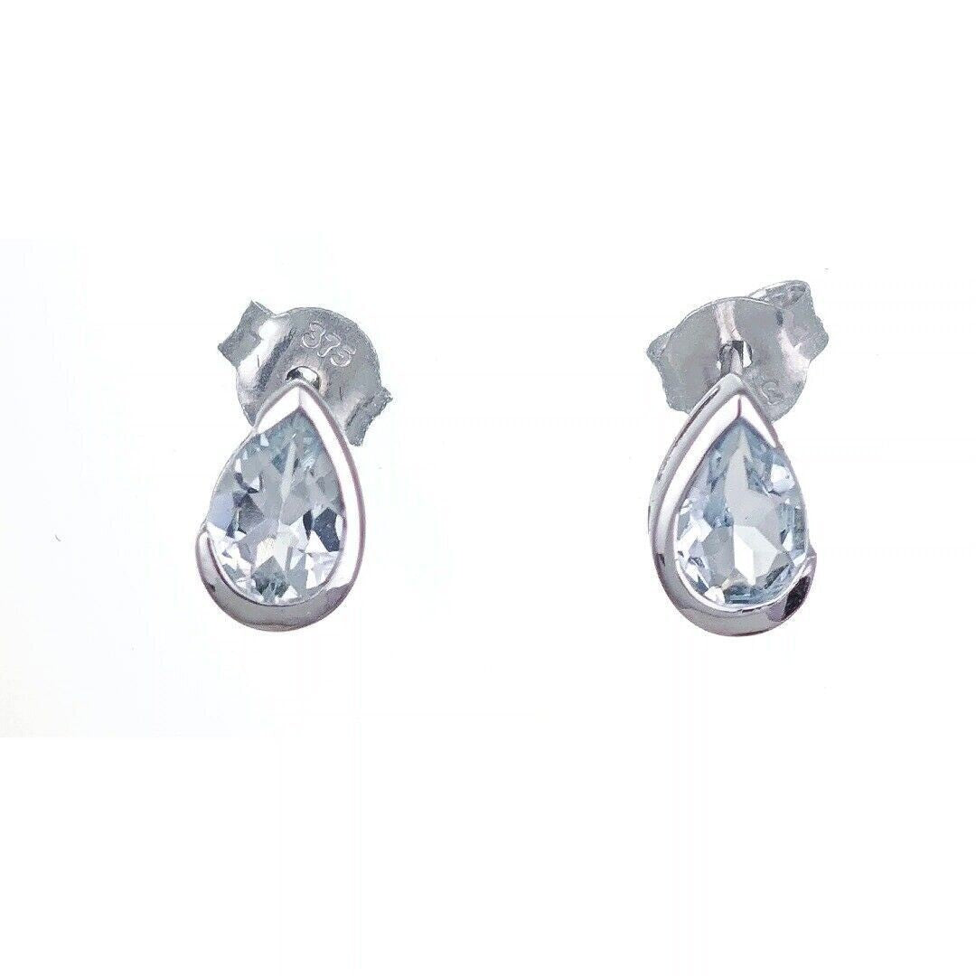 9ct White Gold Aquamarine Earrings Natural Blue Gemstone Studs