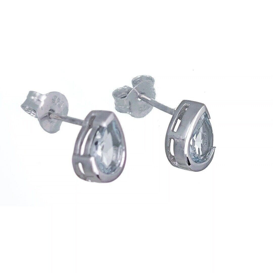 9ct White Gold Aquamarine Earrings Natural Blue Gemstone Studs