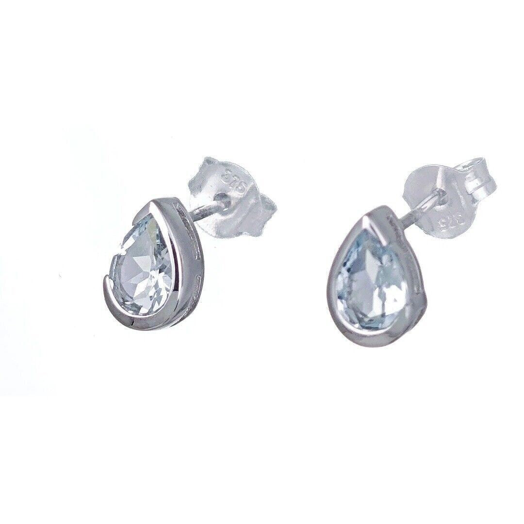 9ct White Gold Aquamarine Earrings Natural Blue Gemstone Studs