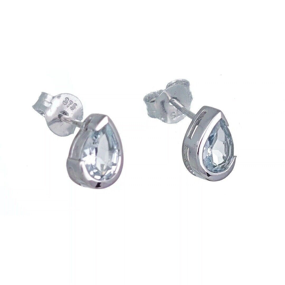 9ct White Gold Aquamarine Earrings Natural Blue Gemstone Studs