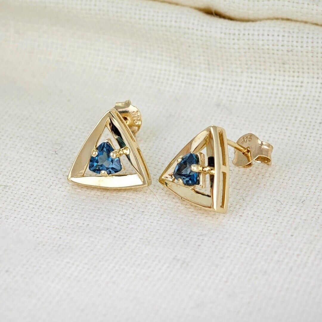 9ct Gold London Blue Topaz Trillion Earrings