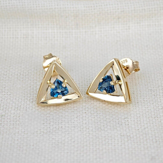 9ct Gold London Blue Topaz Trillion Earrings