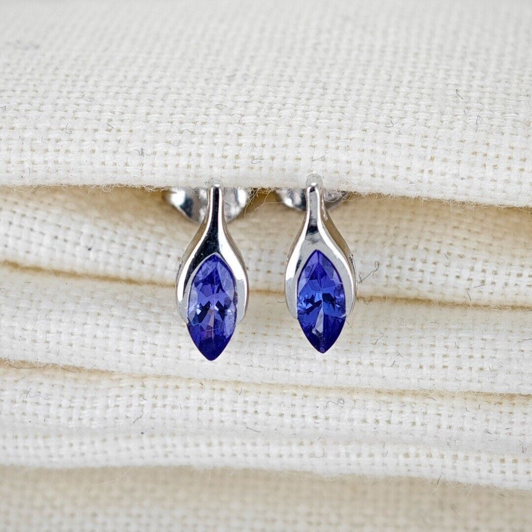 Tanzanite Minimalist Marquise Earrings in 9ct White Gold