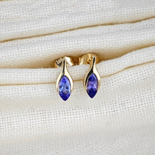 Tanzanite Earrings 9ct Yellow Gold Studs Minimalist Marquise
