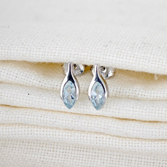 9ct White Gold Aquamarine Earrings Minimalist Marquise Studs