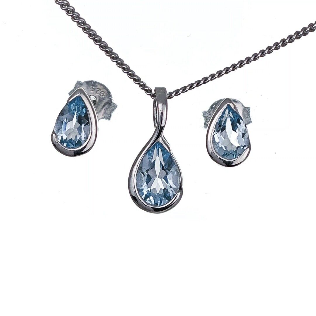 Blue Topaz Set Sterling Silver Pendant Stud Earrings Infinity Loop
