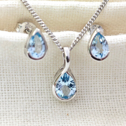 Blue Topaz Set Sterling Silver Pendant Stud Earrings Infinity Loop