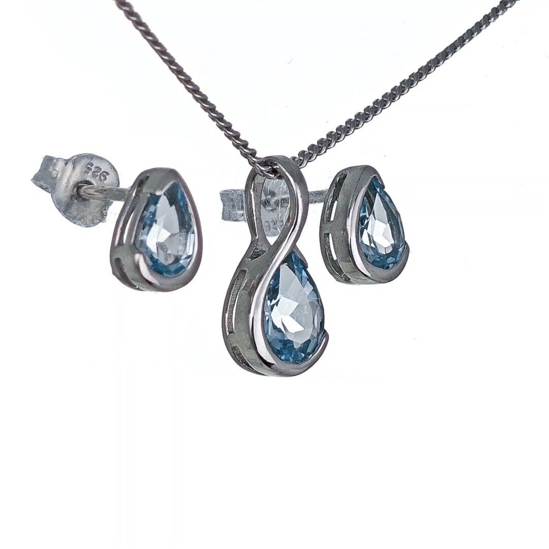 Blue Topaz Set Sterling Silver Pendant Stud Earrings Infinity Loop