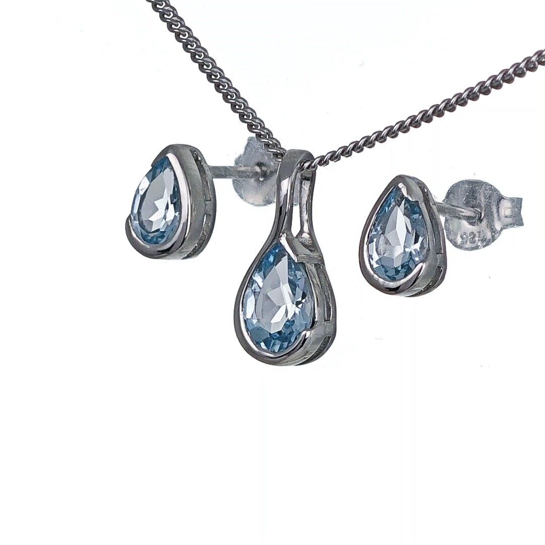 Blue Topaz Set Sterling Silver Pendant Stud Earrings Infinity Loop