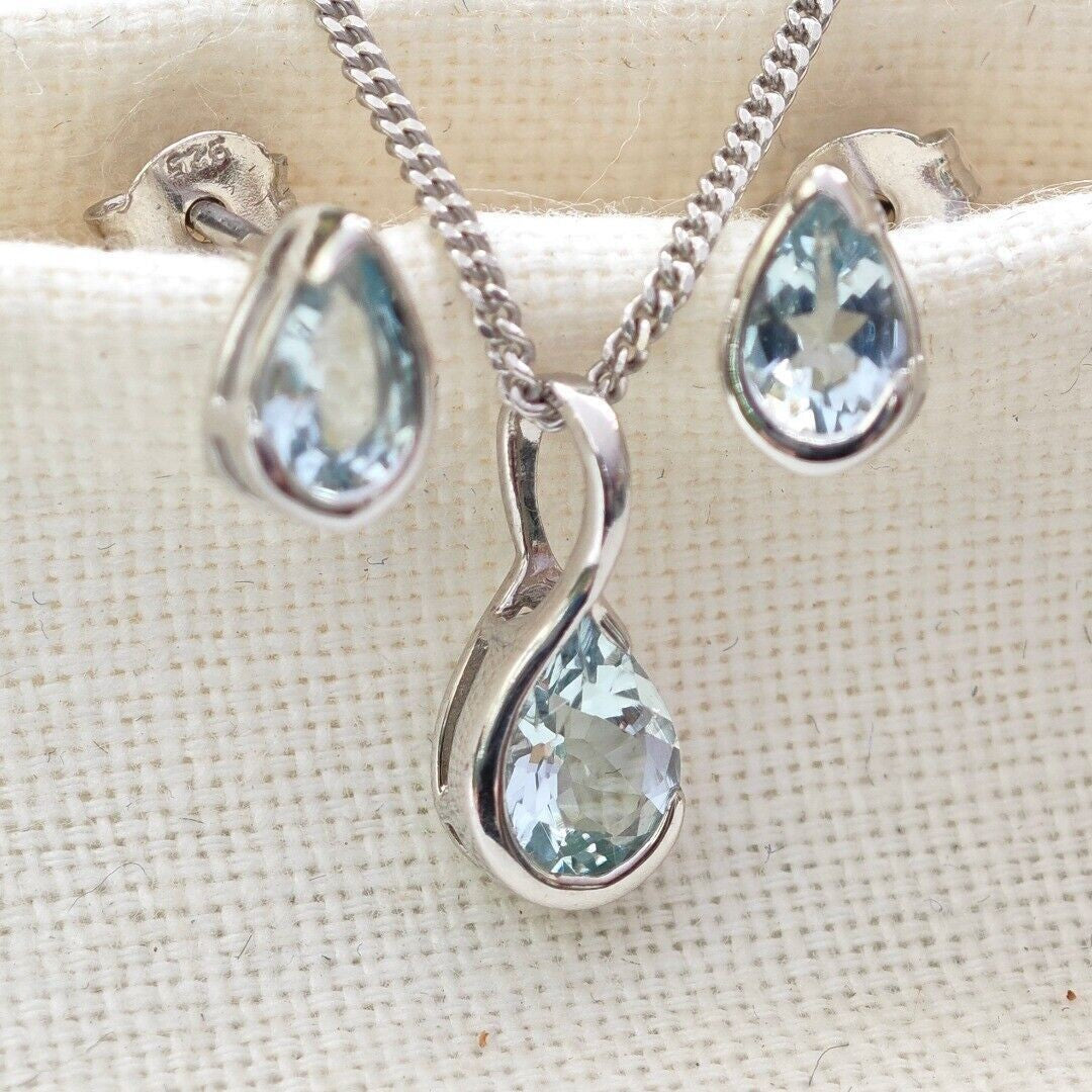 Aquamarine Necklace Set Sterling Silver Infinity Loop Pendant Stud Earrings