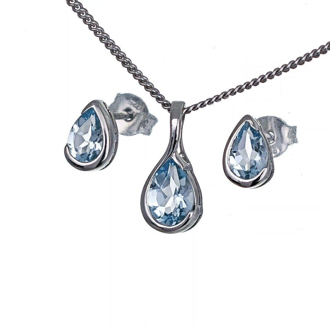 Aquamarine Necklace Set Sterling Silver Infinity Loop Pendant Stud Earrings