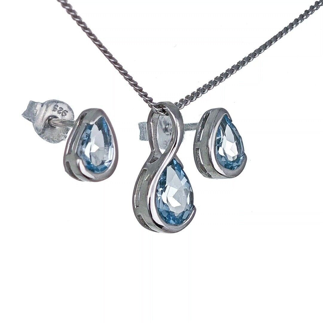 Aquamarine Necklace Set Sterling Silver Infinity Loop Pendant Stud Earrings