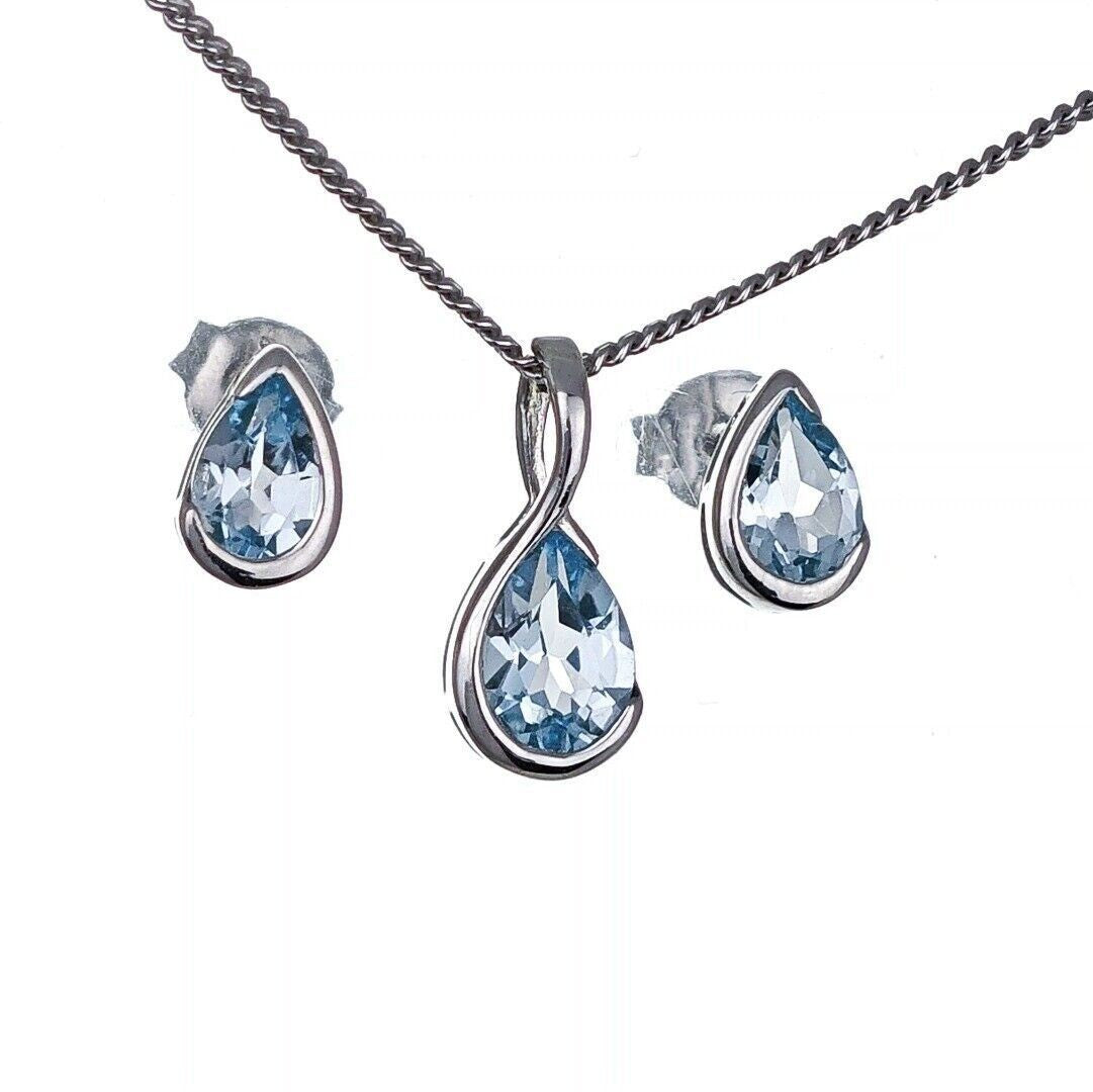 Aquamarine Necklace Set Sterling Silver Infinity Loop Pendant Stud Earrings