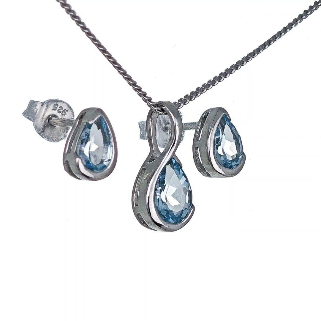 Aquamarine Necklace Set Sterling Silver Infinity Loop Pendant Stud Earrings