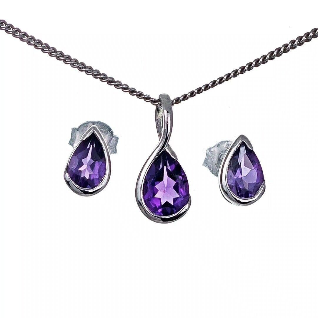 Amethyst Necklace Stud Earring Set Sterling Silver Infinity Loop