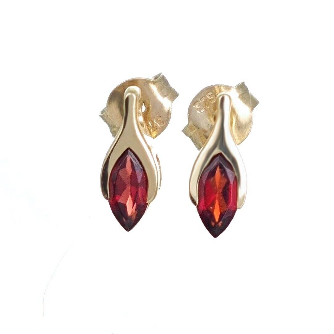 9ct garnet earrings yellow gold studs small minimalist marquise designed in the UK