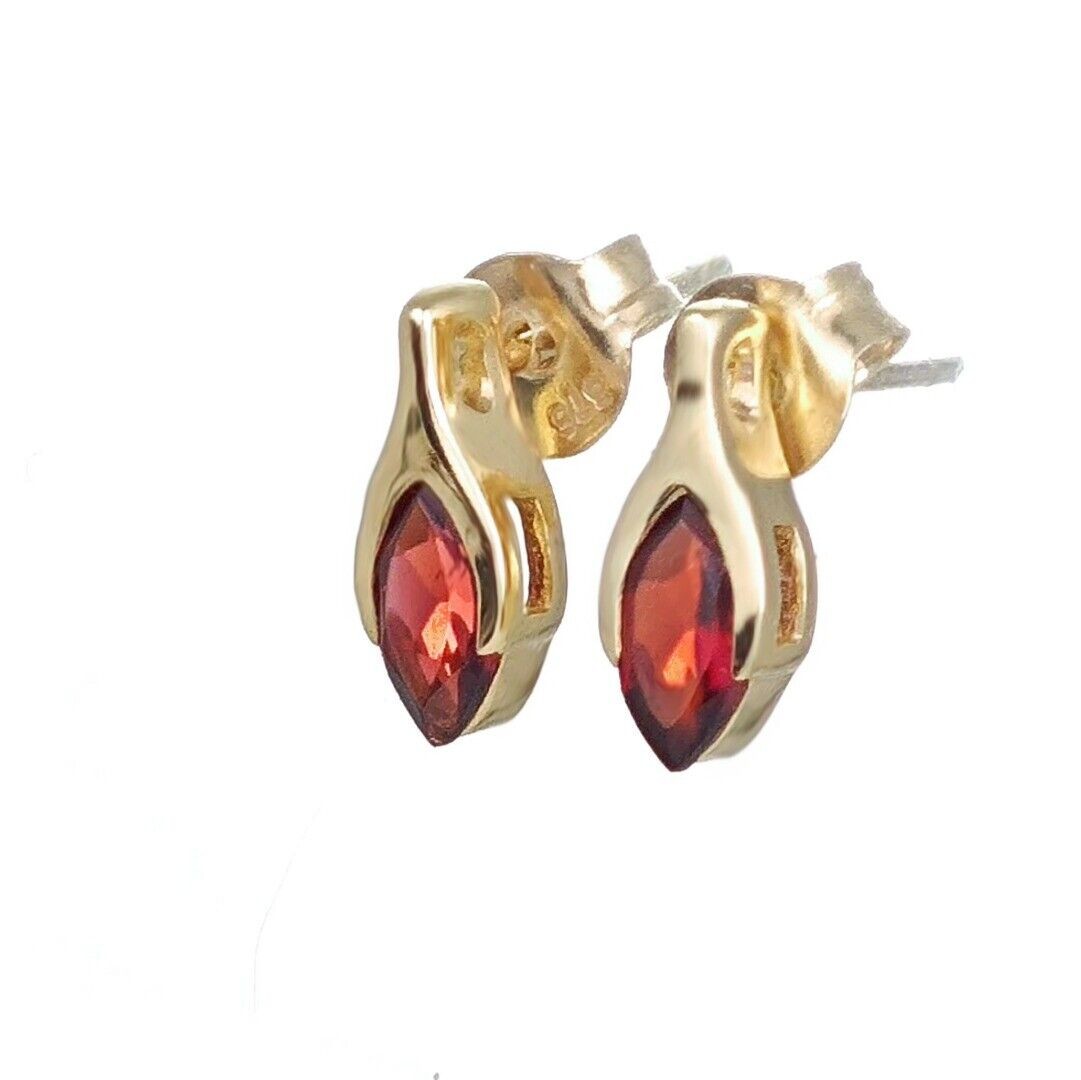 9ct Garnet Earrings Yellow Gold Studs SMALL Minimalist Marquise