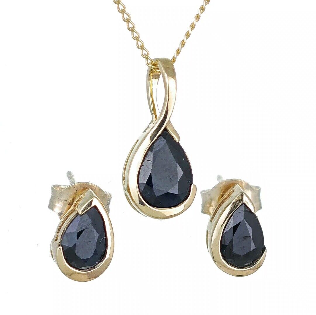 9ct yellow gold sapphire set pendant stud earrings infinity loop natural gemstone designed in the UK