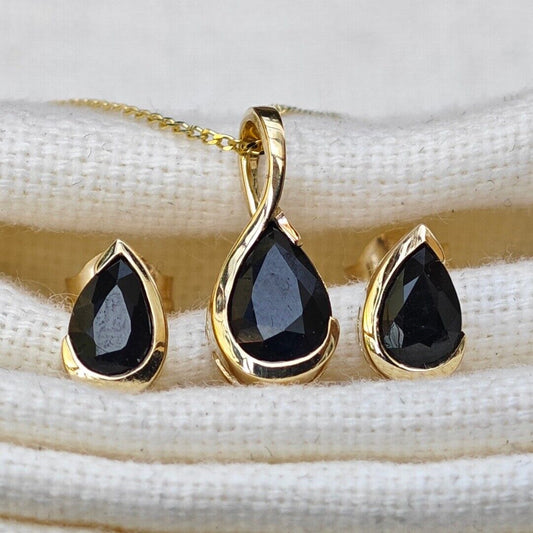 9ct Yellow Gold Sapphire Set Pendant Stud Earrings Infinity Loop Natural Gemstone