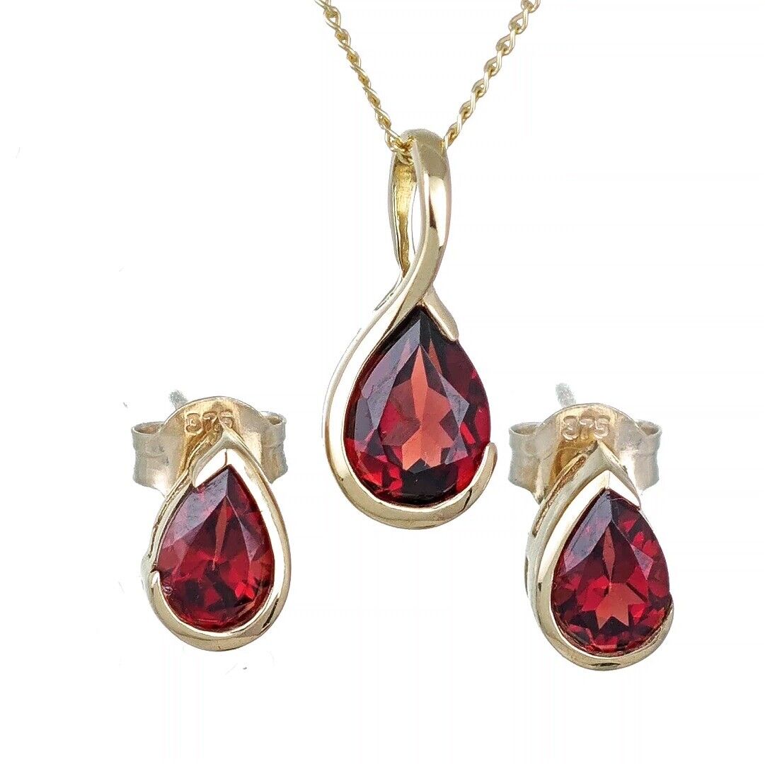 9ct gold garnet set pendant earrings natural red gemstones designed in the UK
