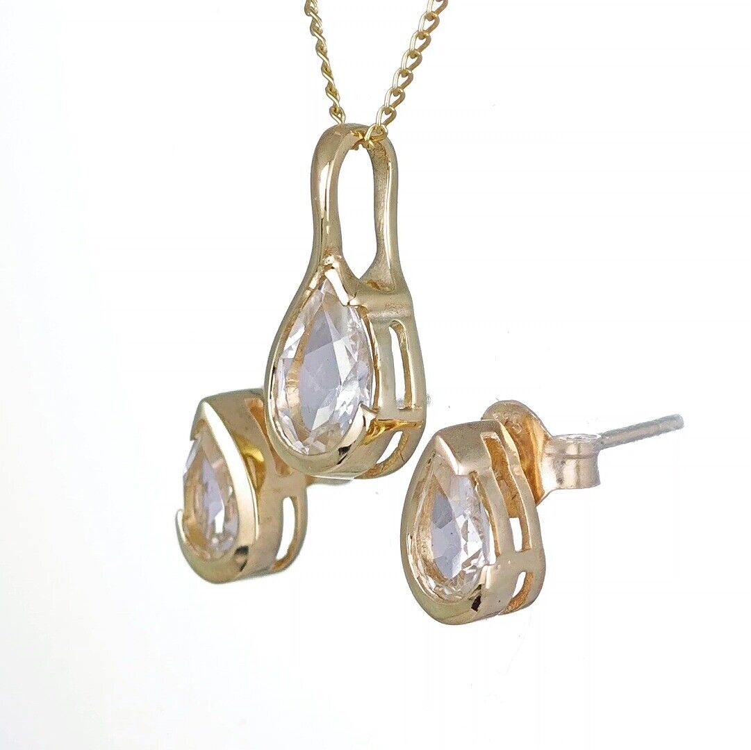 White Topaz Set Pendant and Earrings 9ct Yellow Gold Infinity Loop