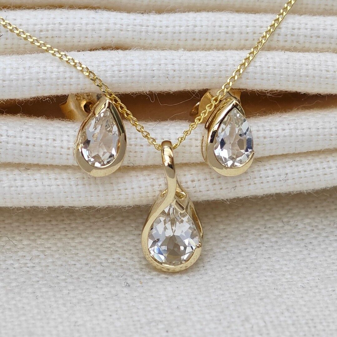 White Topaz Set Pendant and Earrings 9ct Yellow Gold Infinity Loop