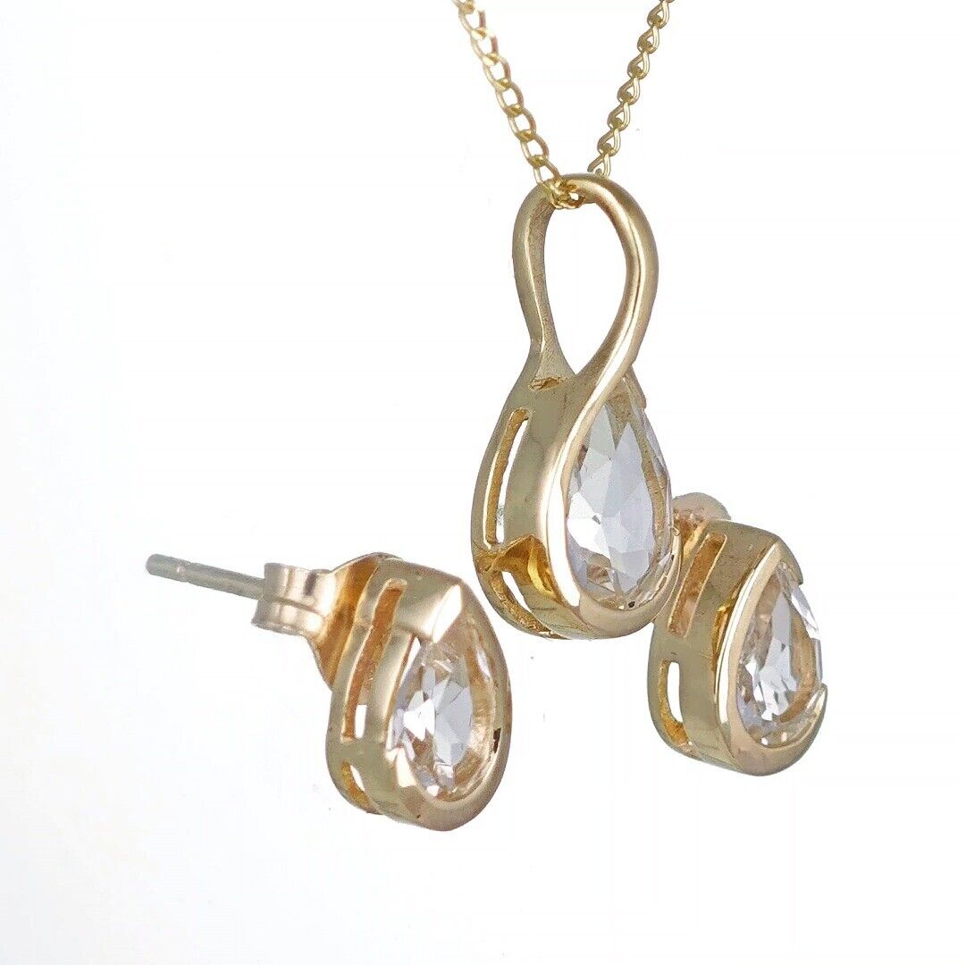 White Topaz Set Pendant and Earrings 9ct Yellow Gold Infinity Loop