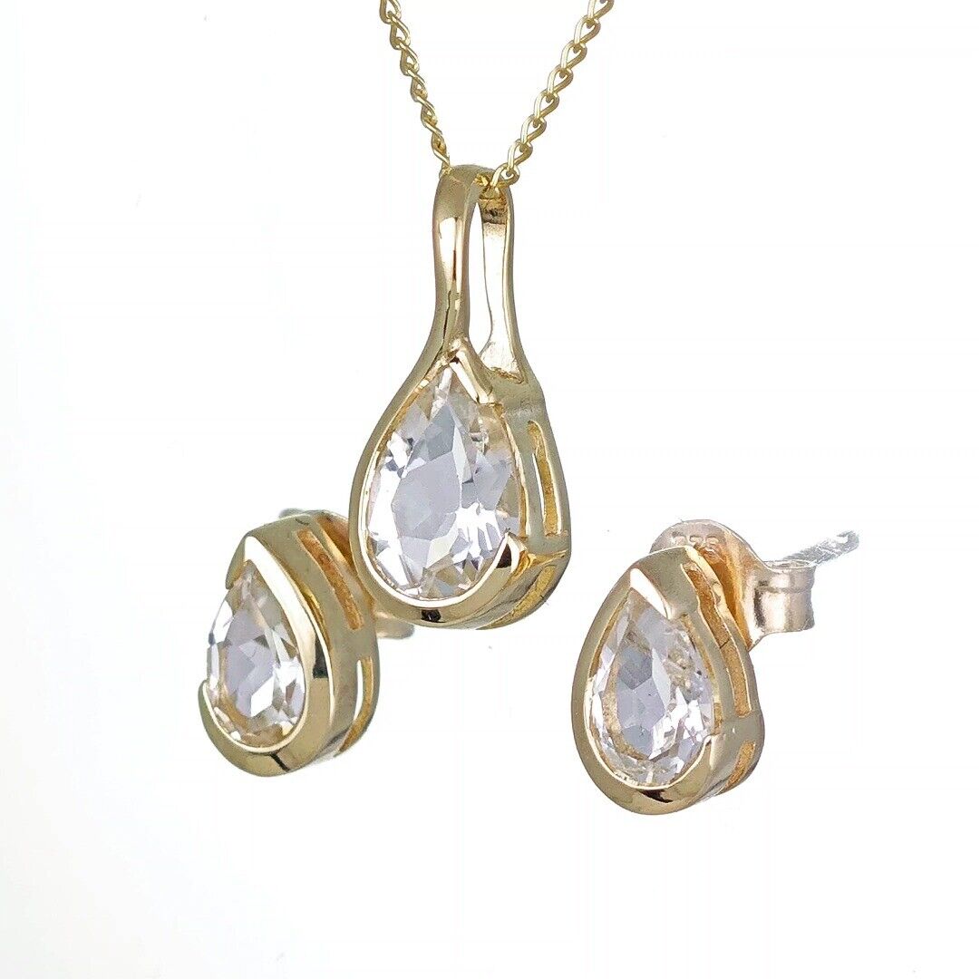 White Topaz Set Pendant and Earrings 9ct Yellow Gold Infinity Loop