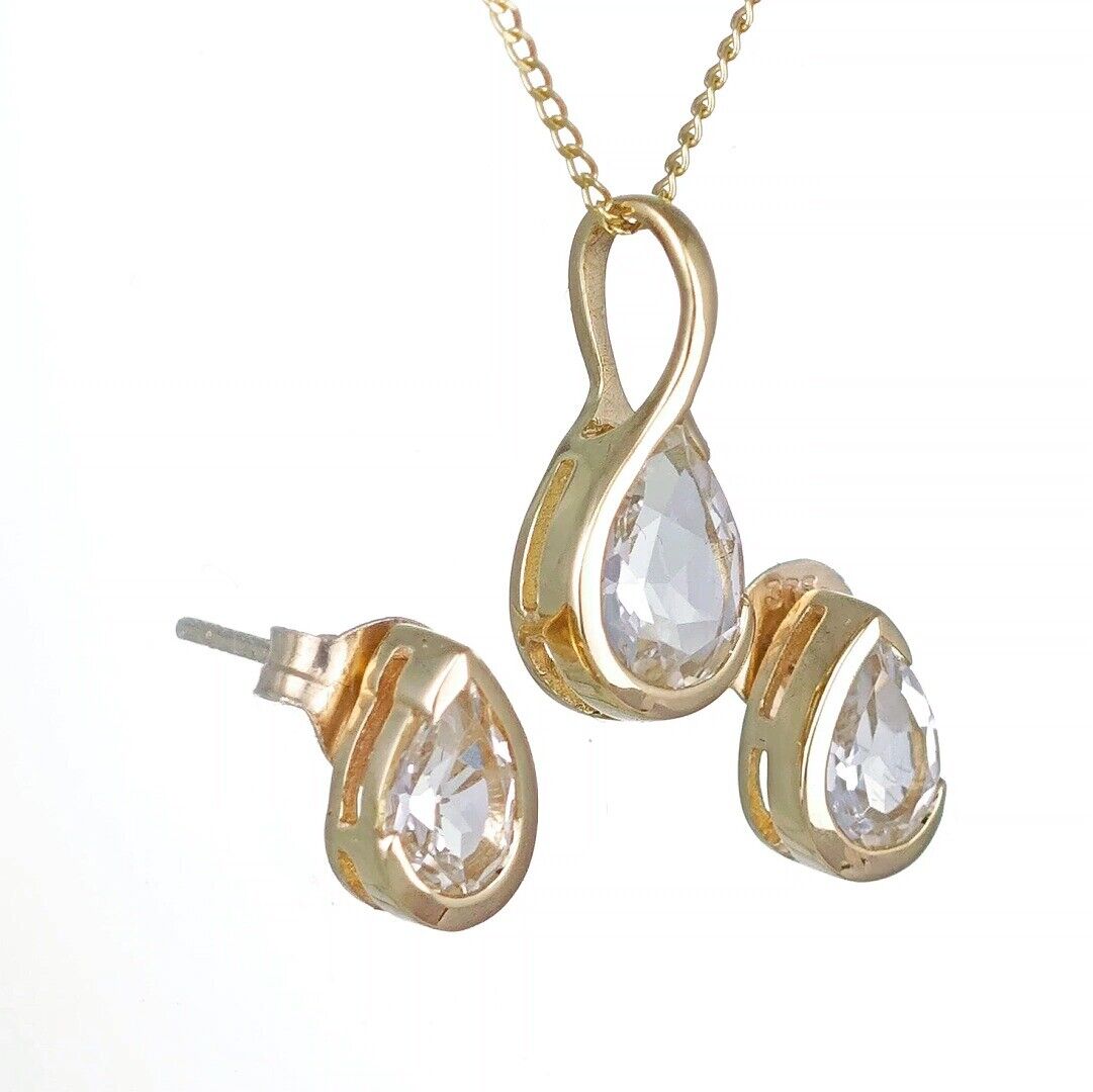 White Topaz Set Pendant and Earrings 9ct Yellow Gold Infinity Loop