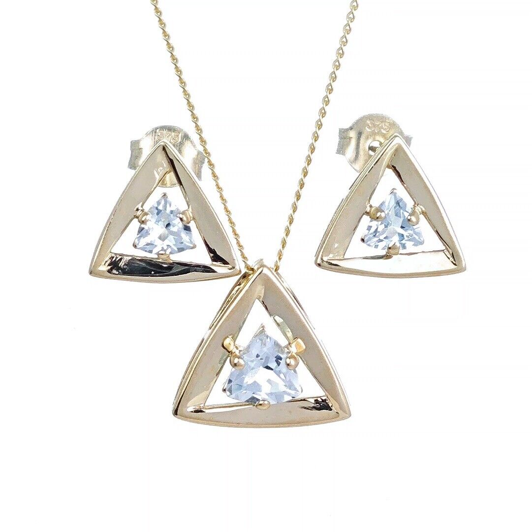 9ct Gold Topaz Set Pendant Earrings Natural Blue Trillion Gemstones