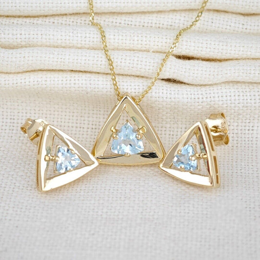 9ct Gold Topaz Set Pendant Earrings Natural Blue Trillion Gemstones