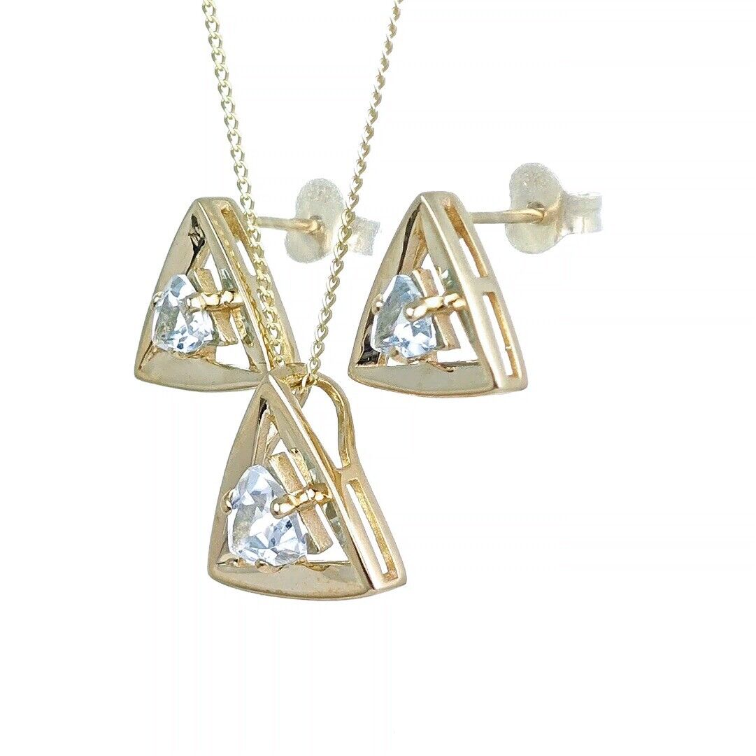 9ct Gold Topaz Set Pendant Earrings Natural Blue Trillion Gemstones