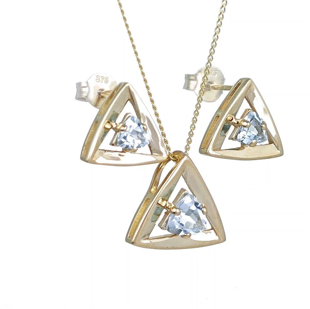 9ct Gold Topaz Set Pendant Earrings Natural Blue Trillion Gemstones