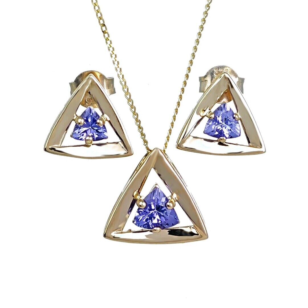 9ct gold tanzanite set pendant earrings natural blue trillion gemstones designed in the UK
