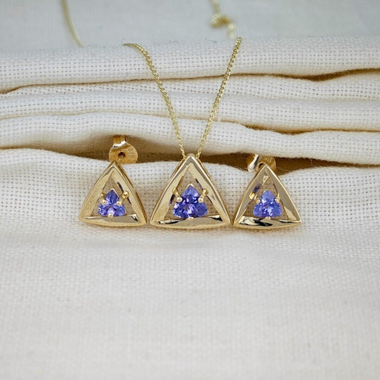 9ct Gold Tanzanite Set Pendant Earrings Natural Blue Trillion Gemstones