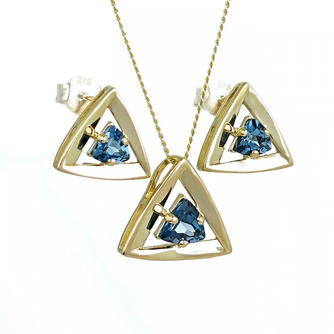 9ct Gold London Blue Topaz Set Pendant Stud Earrings Natural Trillion Gemstones