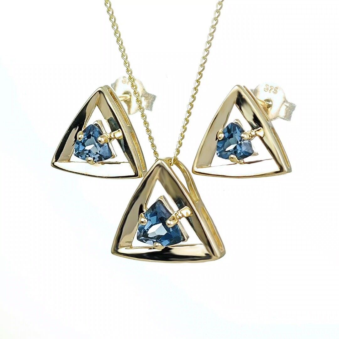 9ct Gold London Blue Topaz Set Pendant Stud Earrings Natural Trillion Gemstones